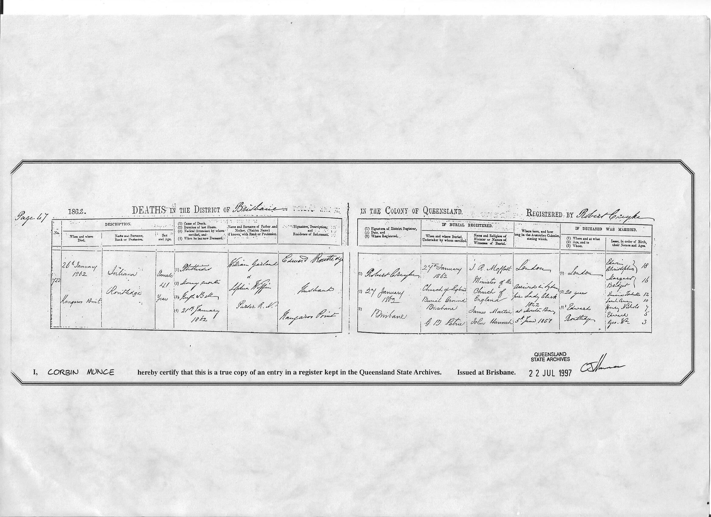 Death certificate of Juliana Routledge. Source: Private collection of Kay O'Brien.