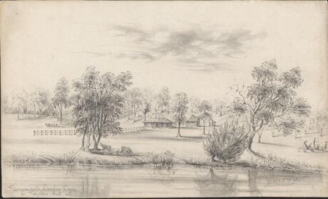 Sketch of Taylor's Hut, Tummaville, ca. 1845. Source: Thomas John Domville Taylor, ca. 1845, National Library of Australia, http://nla.gov.au/nla.obj-589561314.