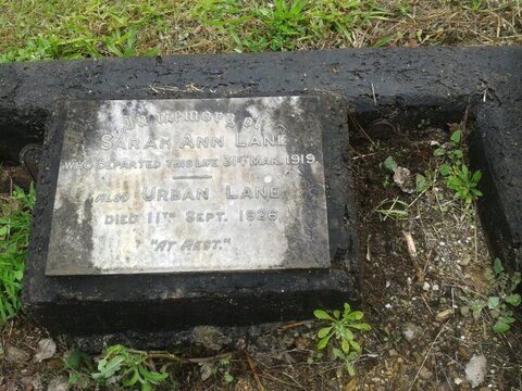 Photograph of the grave of Grave of Urban Lane (d. 1926) and Sarah Ann Lane (d. 1919), Toowong Cemetery. Source: Courtesy of descendants Alison Appelgren and Lester Jackson.