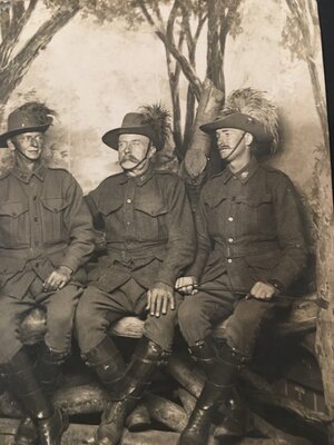 Photograph of John Prentice (Junior), centre, circa 1915, in his World War I uniform. Source: Image courtesy of descendants Alison Appelgren and Lester Jackson.