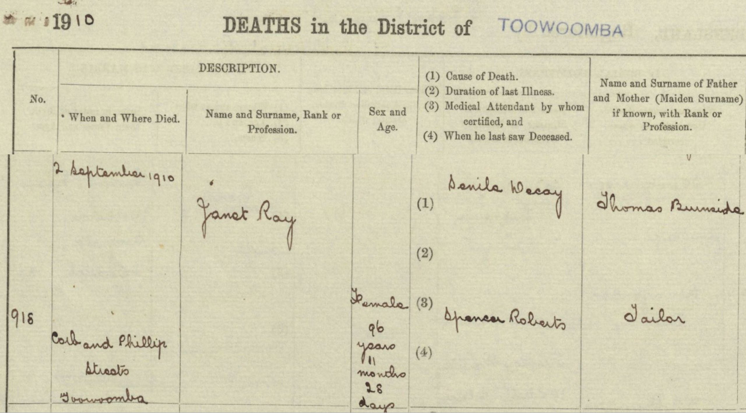 Historical death image of Jane (Janet) Ray, died 1910 in Toowoomba. Source: Queensland Registry of Births, Deaths and Marriages, Reg. No. 1915/C/317.