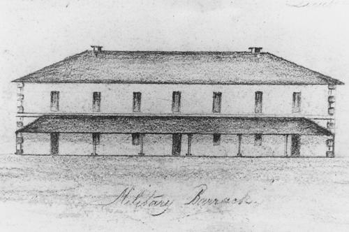 Military Barracks, Brisbane Town, Moreton Bay, 1832. Source: John Oxley Library, State Library of Queensland, Negative No. 151943.