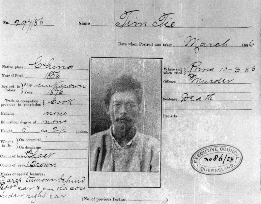 Image of Brisbane Gaol admission record, including portrait photo of Tim Tie, March 1886. Source: Queensland State Archives, Item Representation ID DR17247.