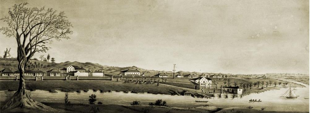 Early drawing of a section of the town of Brisbane, Queensland, including the Convict Hospital, 1835. Source: John Oxley Library, State Library of Queensland, Negative No. 138146.