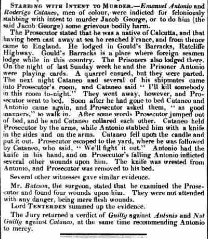Newspaper article titled 'Stabbing with intent to murder'. Source: Morning Post [London], 25 October 1831.
