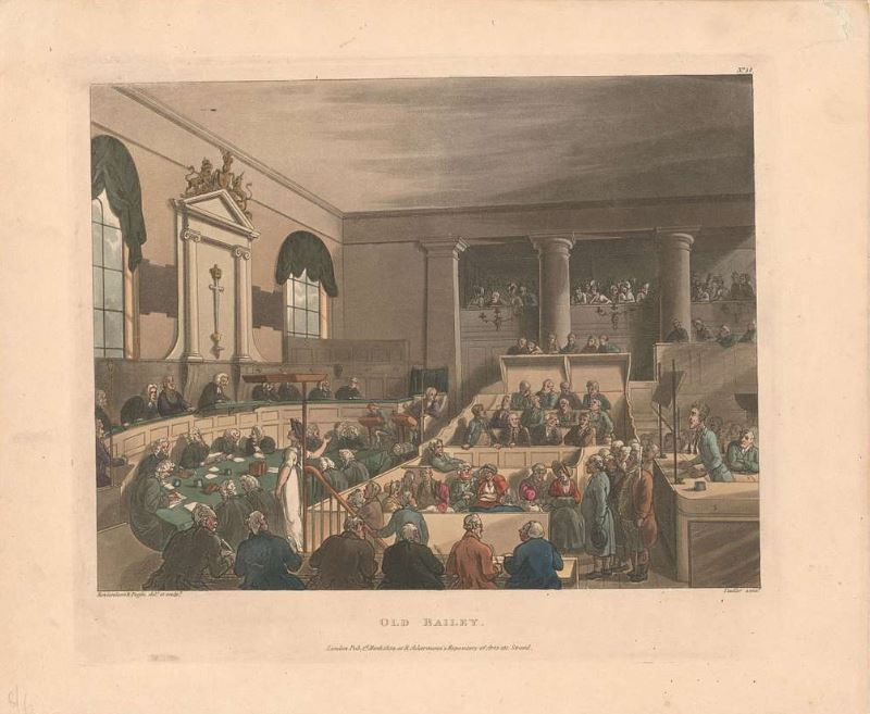 Image of the Old Bailey by Thomas Rowlandson, ca. 1809. Citation: Thomas Rowlandson, 'Old Bailey' [artwork], in 