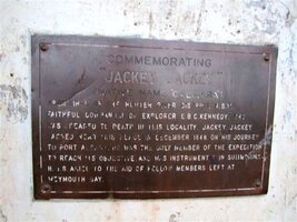 Photograph of the inscription on Jackey Jackey's memorial plaque, Bamaga, Queensland. Source: John Huth, photographer, Memorial entry for 'Jackey Jackey', Monument Australia website.