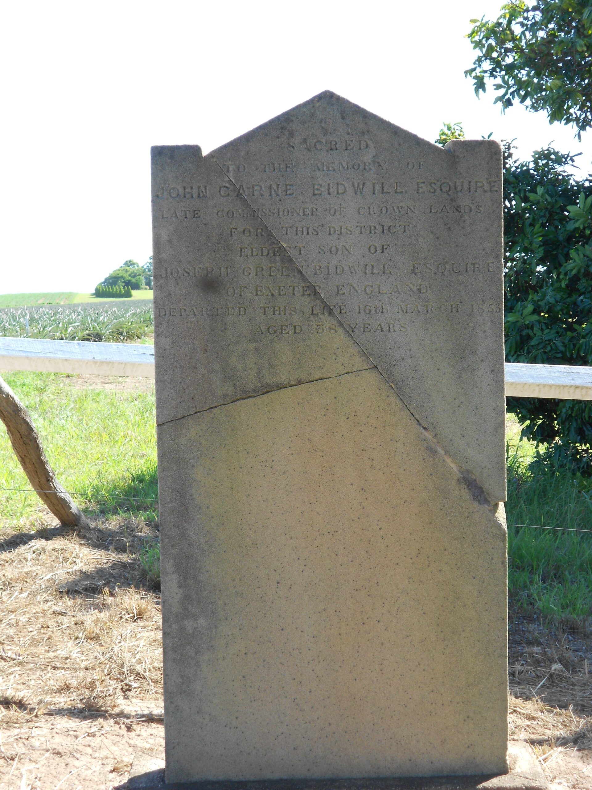 Photograph of John Carne Bidwill headstone, Maryborough. Source: Photograph by Mark Curby, Find a Grave website, Memorial ID: 103409558.