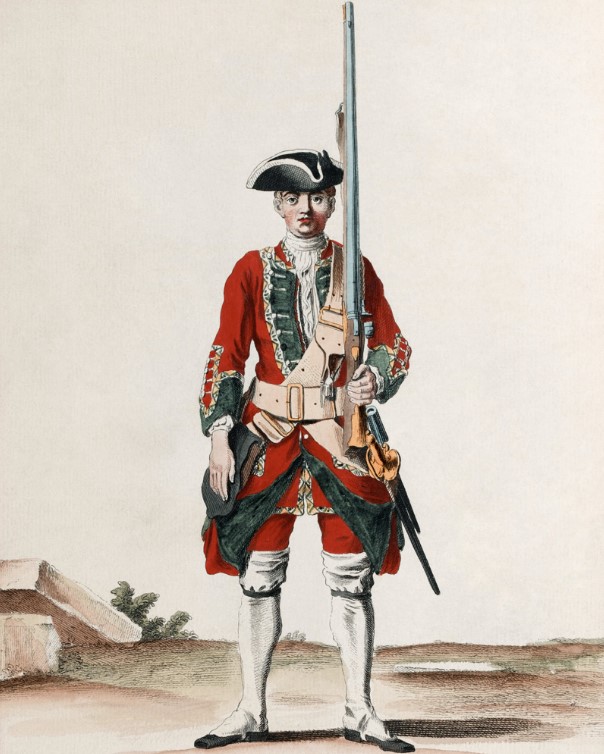 Illustration of a soldier of the 11th Regiment of Foot, ca. 1742. Source: The Devonshire Regiment, National Army Museum (UK) website.