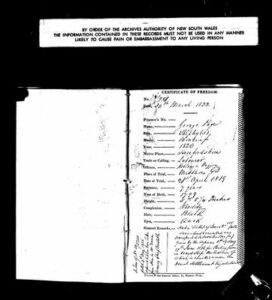 George Page’s certificate of freedom, issued 30 March 1833.MHNSW - StAC: NRS-12210 [4/4315] 33/0251. 