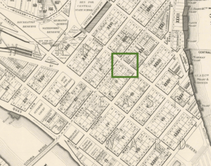 Site of Grand Arcade (green box). McKellar, Alexander Robertson McKellar, Queensland Surveyor-General's Office, McKellar's Official Map of Brisbane & Suburbs (detail), 1895, sheet 08, State Library Queensland.