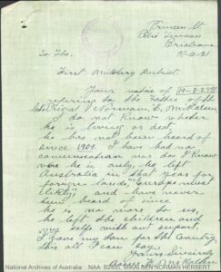 Anna H Mikalsen to the First Military District, 31 June 1921. In MIKALSEN NORMAN HERBERT, 1914–1921, National Archives of Australia, B2455